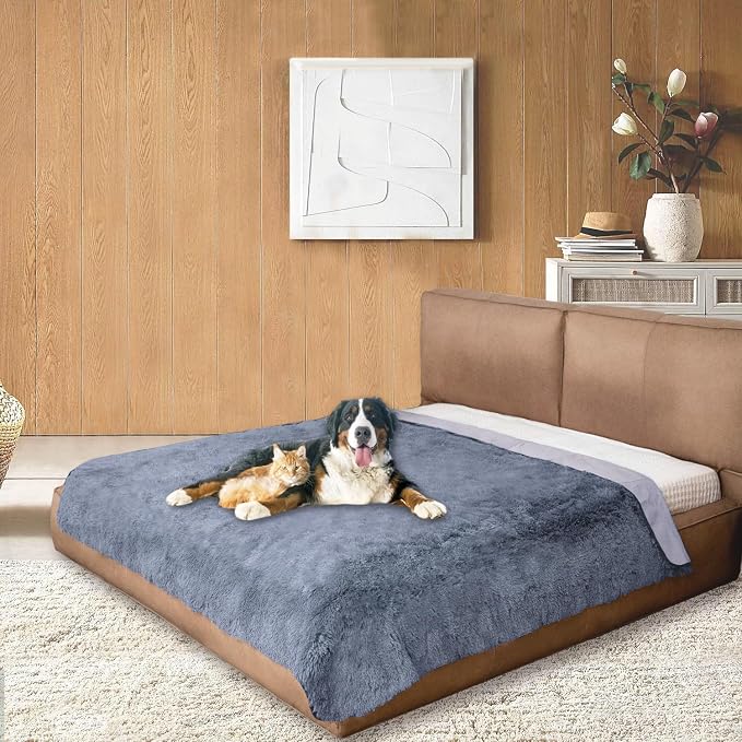 Dogs/Cats Bed Mats, Dog Pad Washable Removable Couch Cover with Anti-Slip Back, Plush Long Fur Mat, Perfect for Small, Medium and Large Dogs.(Navy Blue, 82"x102") by SNUGGLESINTO