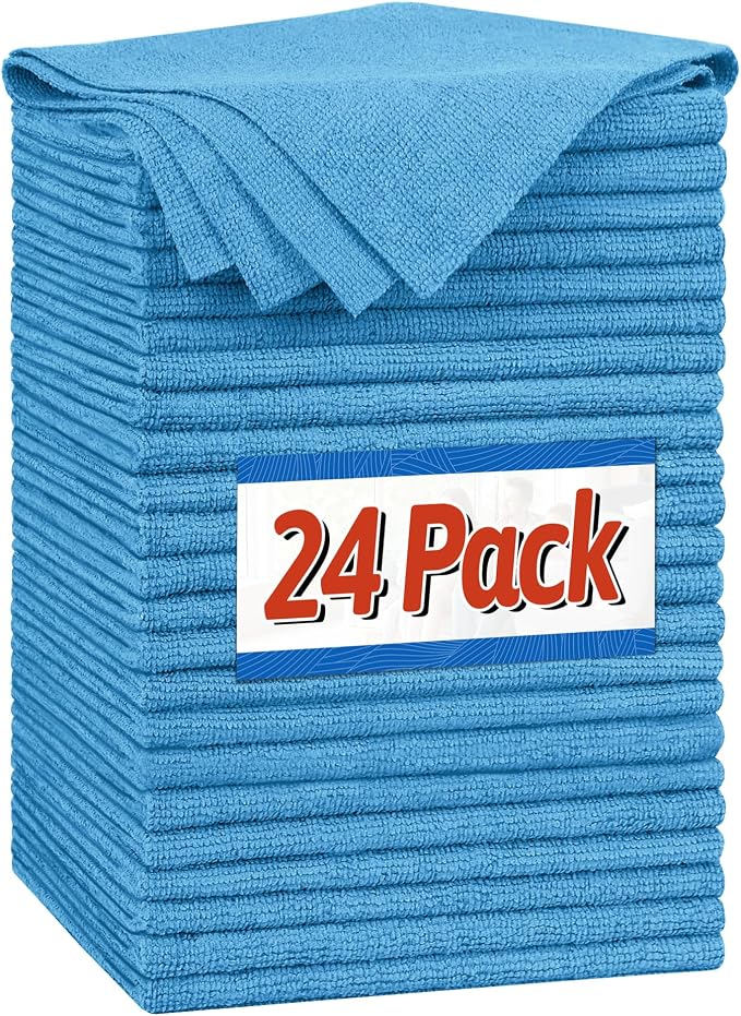 FIXSMITH Microfiber Cleaning Cloth, Shop Towels Bulk, 24 Pack Blue Microfiber Towels for Cars, All-Purpose Absorbent Cleaning Rags, Dust Cloth for Automotive, Mechanic, Garage, Bar, 12 x 11 inch by FIXSMITH