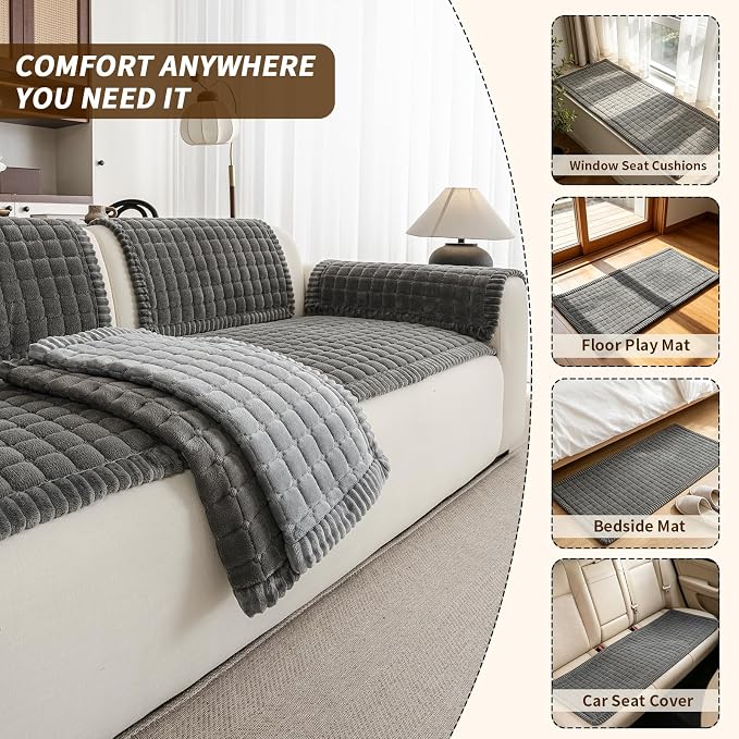 Couch Covers for Sofa Washable, Non Slip Couch Covers for Dogs, Soft Plush Pet Friendly Dog Couch Cover, Plaid Couch Protector for Dogs, Pet Couch Cover for LoveSeat(Dark Grey,28"×59",1PC) - Image 3