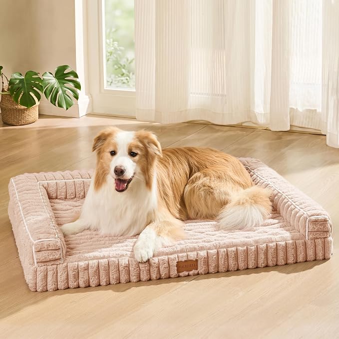 Orthopedic Calming Medium Dog Bed Pet Sofa Bed 30''X20'' Beige | 3-Sided Pet Couch Medium Size Dog, Soft Egg-Crate Foam Dog Mat, Waterproof Removable Washable Cover, Nonskid Bottom Cat Bed - Image 2
