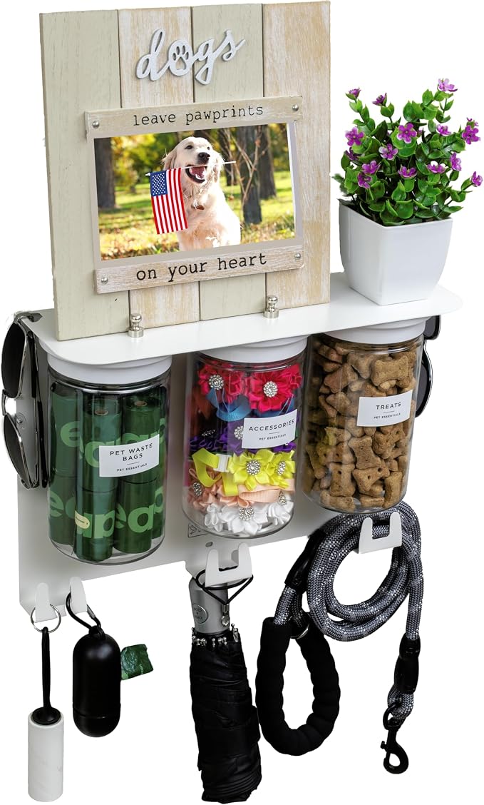 Dog Leash Holder for Wall with Shelf — Wall Mounted Dog Treat Holder & Station, 3 Large Airtight 32oz Treat Containers, 9 Hooks, Patented Lidless Slide-to-Seal Jars, Solid Steel, Made in USA - Image 6