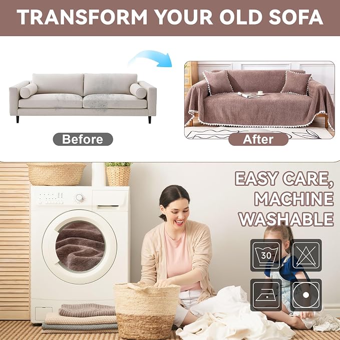 VClife Boho Couch Cover Brown for Sofa, Washable Cotton Chenille Sofa Slipcover for Sectional, Breathable Skin-Friendly Furniture Protector for Dog Living Room Futon Cover Loveseat Cover 71"X118" - Image 5