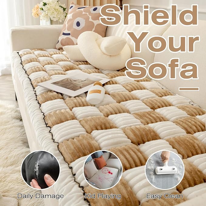 Fuzzy Couch Cover for Dog, Modern White Khaki Checkered Couch Cushion Cover | Non Slip Couch Cover for 2 Cushion Couch Sofa Pet Friendly, Washable Sofa Cover Durable Anti-pilling Furniture Protector - Image 4