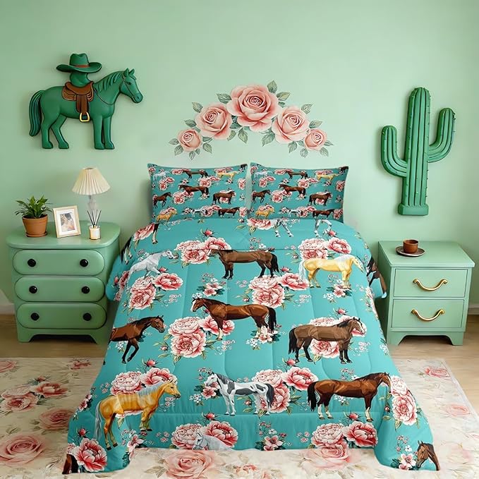 Kids Horse Bedding Set Chic Retro Floral Bedding Comforter Set For Girls Teens Galloping Horse Printed Comforter 3D Wild Farm Animal Duvet Set Bedroom Decor Quilt Set 2Pcs Twin Size, Green Pink by Erosebridal
