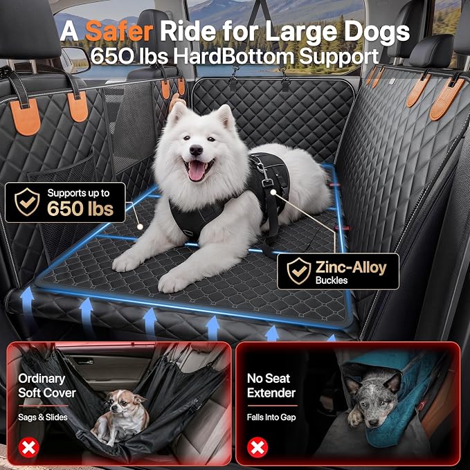 Hard Bottom Dog Car Seat Cover, Back Seat Extender with Washable Mat, L | Military-Grade Protection, 650LB Support, 45% More Space for Large Dogs, Waterproof, Mesh Window, Fits SUVs & Sedans - Image 2