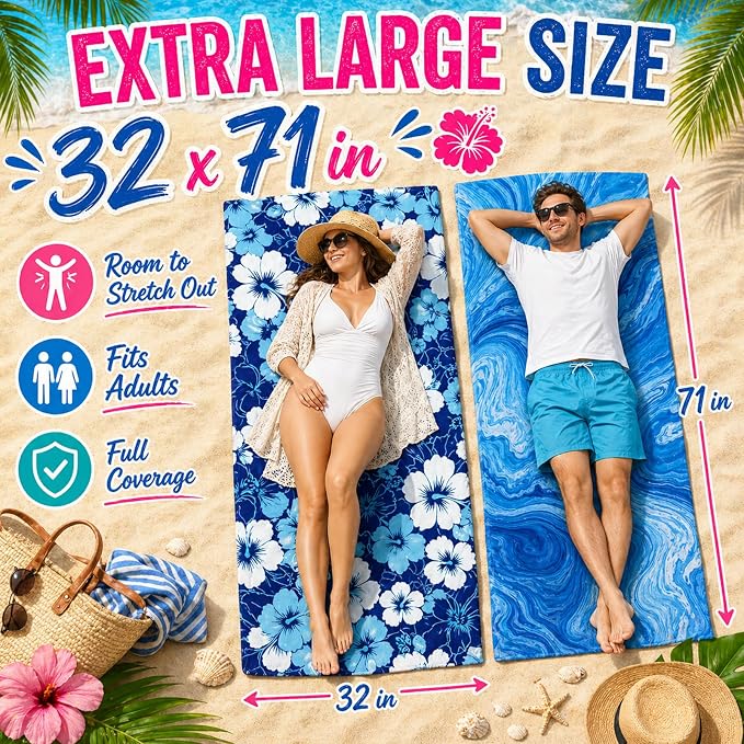 12 Pack Microfiber Beach Towel Set, 32x71 Oversized Extra Large Swim Pool Towel, Soft Fiber Beach Towels Set for Summer Travel, Spa, Swim Pool Accessories, Vacation Essential Gift (Blue and Floral Pac - Image 2