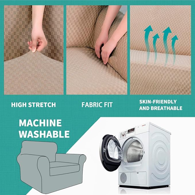 YEMYHOM Latest Checkered 2 Pieces Chair Covers for Living Room High Stretch Thickened Chair Slipcovers with Arms Anti Slip Elastic Armchair Sofa Couch Slipcover Protector (Khaki), 31"-46"(1 Cushion) - Image 5