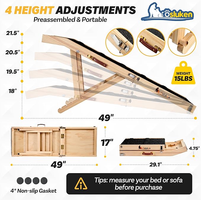 Dog Ramp for Couch, 49" Long Foldable Pet Ramp for Small Large Dogs, Dog Ramps for Bed, High Traction with Platform 6 Adjustable Heights 18" to 21.5" Up to 220LBS, Black