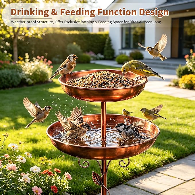2-in-1 Tall Bird Bath and Feeder for Outdoors, 47" Adjustable Metal Standing Birdfeeder with 5-Prong Base, Antique Copper Finish Rustproof Water Bowl & Seed Tray Station for Garden Yard Patio Decor - Image 3