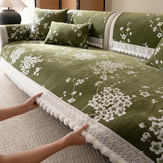 DREAMINGO Green Floral Couch Cover Vintage Jacquard Pet Sofa Cover Non Slip Chenille Couch Protector Living Room Washable Sectional Furniture Slipcovers for 3 Seat Sofa, 35.4"x94.5" by DREAMINGO