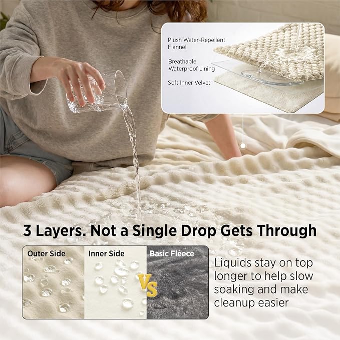 Bedsure Bubble Waterproof Blanket for Couch - Soft Fleece Reversible Dog Blankets for Small Dogs, Waterproof Couch Sofa Cover Bed Protector, Beige/White, Baby Size 30x40 inches - Image 2