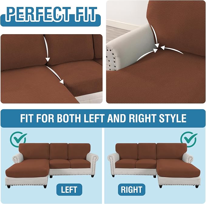H.VERSAILTEX Sectional Couch Covers 6 Pieces Stretch Sofa Covers for Sectional Sofa Set Separate L Shaped Couch Cover for Both Left/Right Couch (Seat and Back: 1 Chaise + 2 Sofa, Caramel) - Image 5