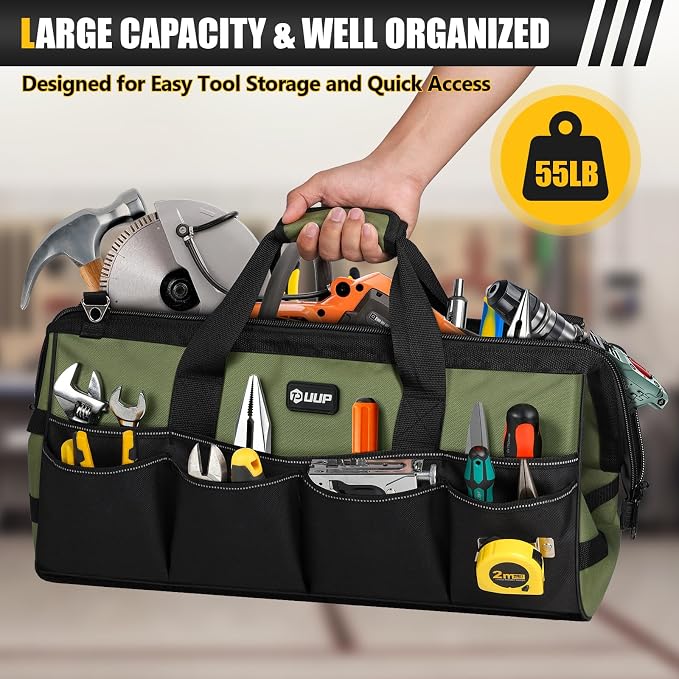 UUP Tool Bag Extra Large 20", Heavy Duty Spacious Tool Box Organizer, Green | 16 Pockets & MOLLE. Detachable Strap & Handle. Non-slip Base, Metal Buckle. 30lb Holds Drill/Tool on Truck, Garage, Men Gift. - Image 4