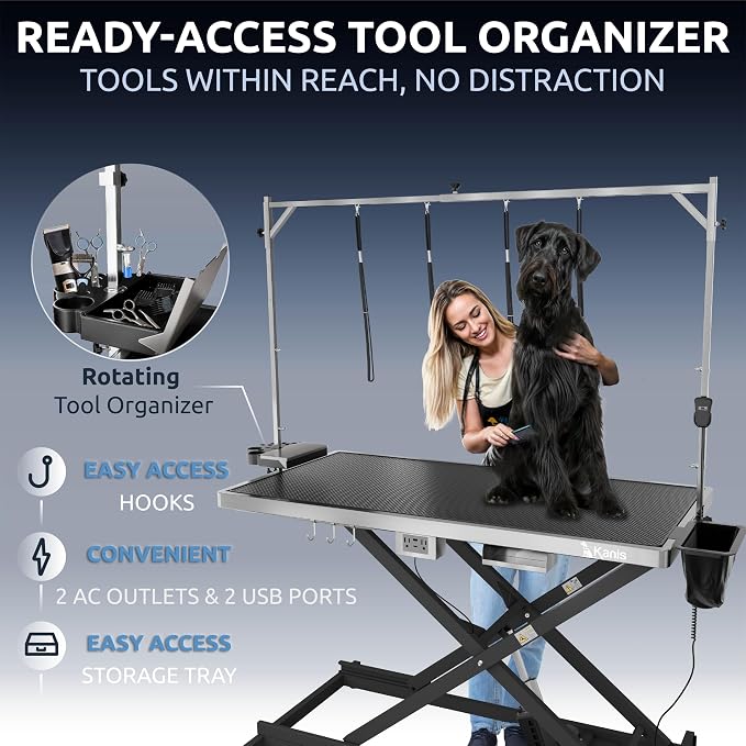 KANIS Professional Electric Dog Grooming Table - Heavy Duty | Height Adjustable Pet Grooming Table w/Leveling Wheels, Dog Grooming Arm, Anti-Slip Tabletop & Tool Organizer (Black, 60") - Image 8