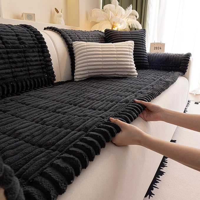 vctops Striped Couch Cover Super Soft Corduroy Sectional Sofa Cover Washable Non Slip Sofa Slipcover Furniture Protector for Kid Dog Pet,1 Piece (Black,27"x27") - Image 5