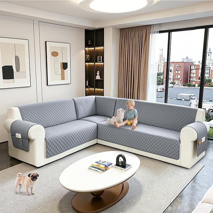 Sectional Couch Covers for Dogs 100% Waterproof Corner L Shaped Sofa Cover Pet Friendly Velvet Washable Anti Slip L Shape Modular Sofa Slipcover Protector with Pockets (Steel Gray, XL Plus) - Image 6