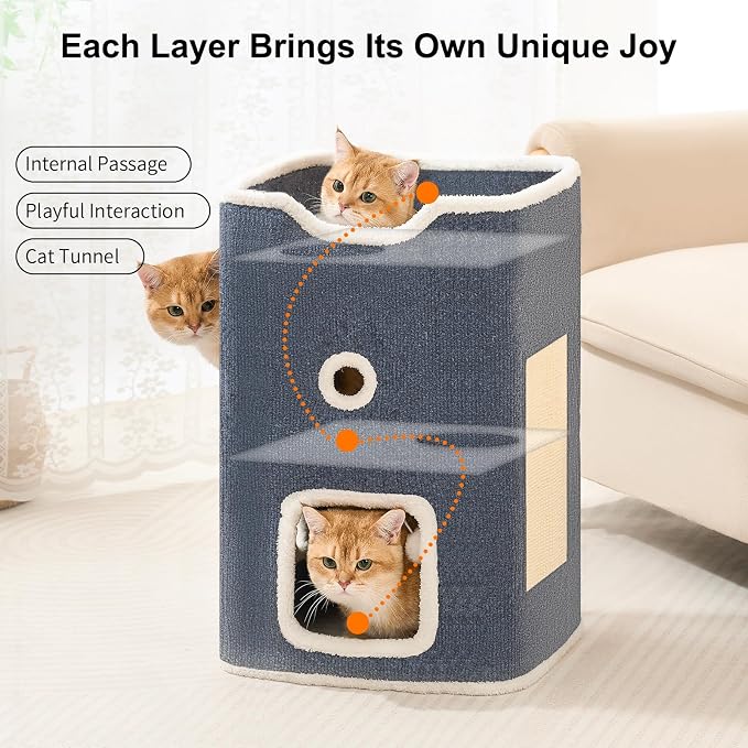 Cat House, Cat Beds for Indoor Cats, 2-Story Cat Condo Cube | Cat Bed Cave with Scratch Pad and Fluffy Ball Hanging, Multi-Level Cozy Hideout Center Ideal for Small/Medium Cats - Image 2