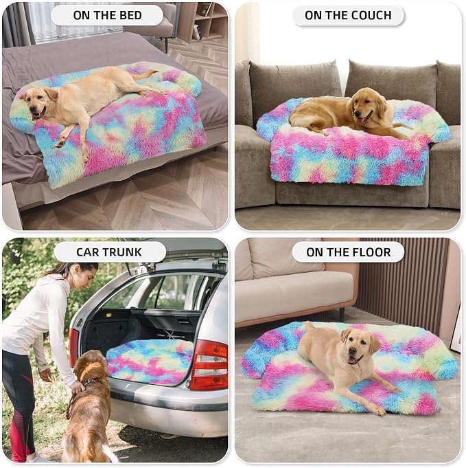 GGIB Calming Dog Bed Fluffy Plush Dog Mat for Furniture Protector with Removable Washable Cover for Large Medium Small Dogs and Cats (Extra Large (53x39.3x6), Rainbow) - Image 6