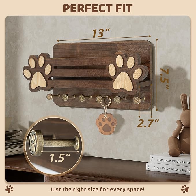 MTERSN Acacia Wood Dog Leash Holder for Wall - Fun Paw Key Holder Wall Mount with Floating Shelf and 6 Hooks- Retro Mail & Dog Accessories Organizer for Room Decor(Dark Acacia Wood) - Image 2