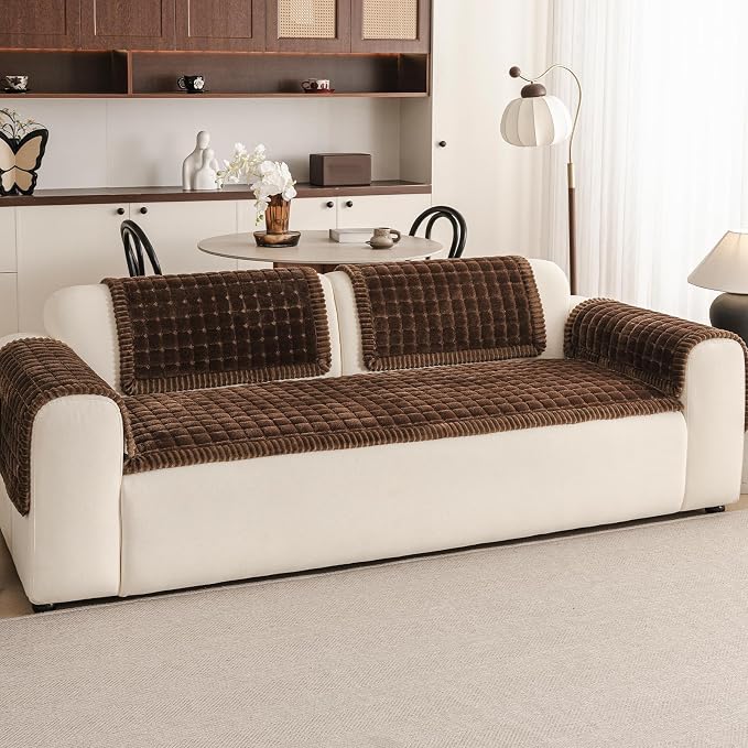 Couch Covers for Sofa Washable, Non Slip Couch Covers for Dogs, Soft Plush Pet Friendly Dog Couch Cover, Plaid Couch Protector for Dogs, Pet Couch Cover for 2-3 Seats(Dark Brown,28"×83",1PC) - Image 2