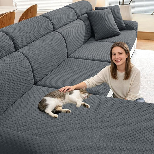 YEMYHOM Couch Cushion Covers for Sofa, Stretch Sectional Couch Seat Cushion Covers Washable Thick Furniture Protector Sofa Slipcovers for Pets (3 Seater + 1 Chaise, Dark Gray) by YEMYHOM