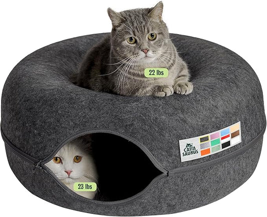Cattasaurus Peekaboo Cat Cave for Multiple & Large Cats Up to 30-45 Lbs, Scratch Detachable & Washable Tunnel Bed, Comfy Donut Cat Cave (Dark Gray, Large) by Cattasaurus