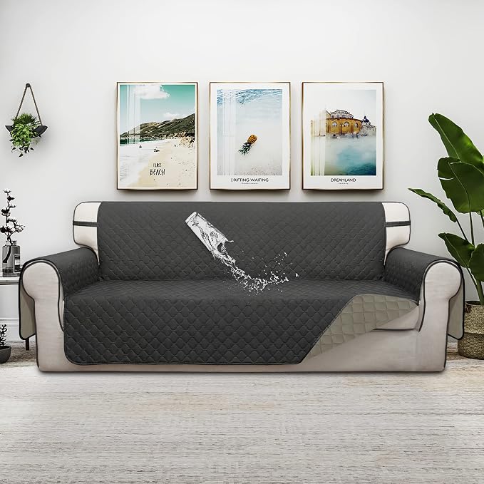 ISSUNTEX Double Protection 100% Waterproof Sofa Covers for Living Room, Couch Covers for 3 Cushion Couch Sofa, Reversible Furniture Protector Sofa Cover for Dogs, Pets, Kids (Sofa, Dark Gray/Beige) - Image 2