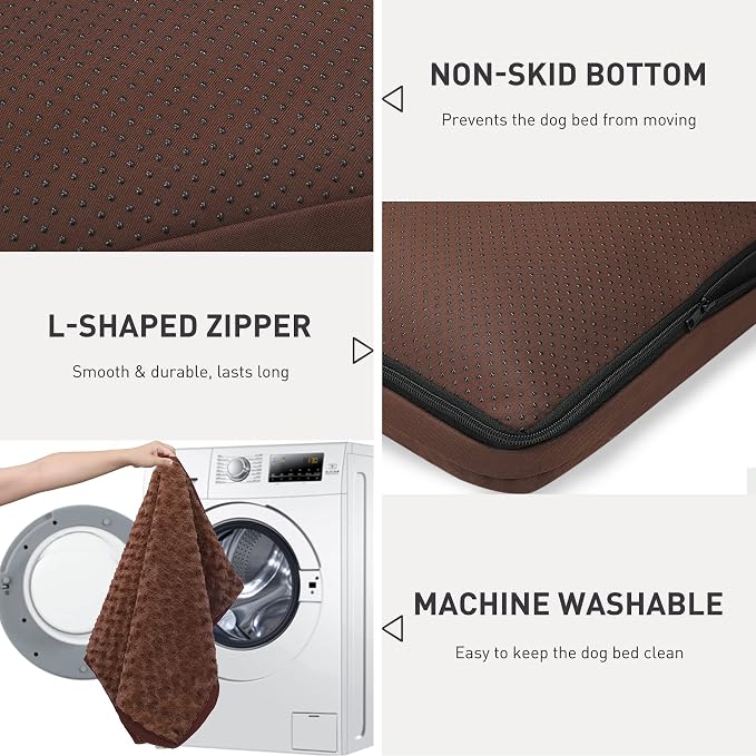 KSIIA Washable Dog Bed for Crate Waterproof for Medium Dogs,35x22 in,Brown | 3in egg crate foam,orthopedic support,Soft rose velvet,3ply waterproof fabric,removable cover,anti-slip base,washable - Image 5