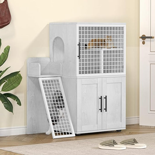 IDEALHOUSE Modern Cat Litter Box Enclosure with Platform, Double Layer Hidden Litter Box, Indoor Washroom, Villa Cat House with Ladder, 33.5" l x 17.9" w x 41.9" h,White by IDEALHOUSE