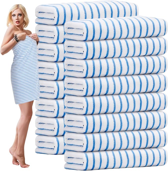 SmoothNovelty 16 Pack Microfiber Bath Towels Bulk 27'' x 60'' Oversized Size Bath Towel Highly Absorbent Extra Large Soft Drying for Beach Shower Summer Salon Sport Gym Party (Stripes,Blue) by SmoothNovelty