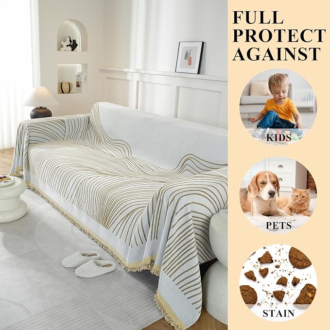 Couch Cover for Sofa, Boho Sofa Cover Washable Couch Cover for Dogs, Pet Sofa Cover for 2-Cushion Couches with Tassel Furniture Protector Cover,71" x 118",Khaki-Wave - Image 4