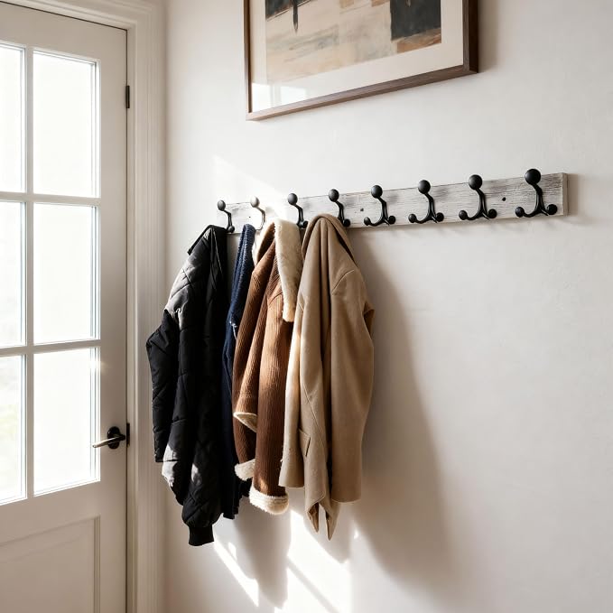 SKOLOO 43-Inch Wood Coat Rack Wall Mount with 8 Triple Hooks - Ideal for Family Entrances, Classrooms, and Pet Supplies Storage - Perfect Coat Hooks for Wall,Distressed White Wash, Pack of 2 - Image 3
