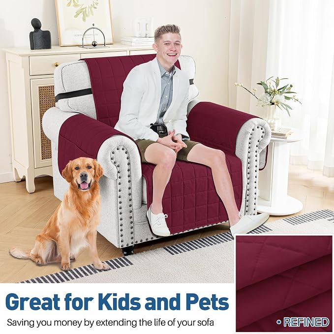MAXIJIN Waterproof Chair Cover Slipcovers for Pets Dogs, 23.5" Quilted Armchair Sofa Cover Washable Dog Couch Covers Protector with Elastic Strap & Side Pocket (Chair, Wine Red) - Image 2