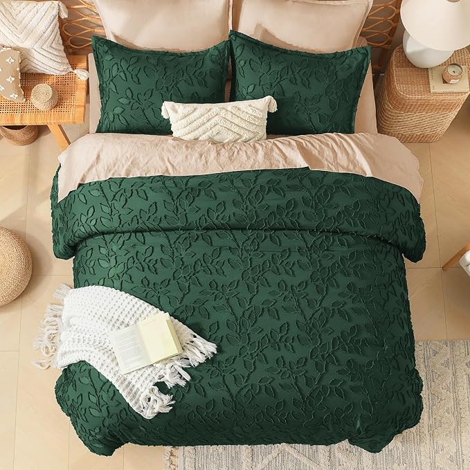 Litanika California King Size Comforter Set Emerald Green, 3 Piece Cal King Dark Green Boho Tufted Bedding, Forest Green Oversized Farmhouse Bed Set with 2 Leaf Pattern Pillowcases（104x96In） - Image 5
