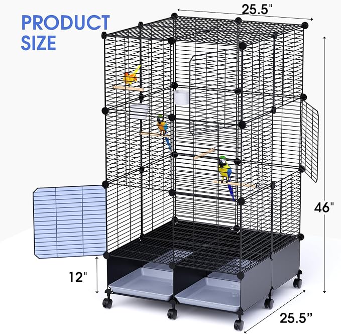 Flight Bird Cage with Wheels, Large Metal Parakeet Cage with Slide-Out Trays, Perches, Bowls & Bird Toys, Indoor Bird Cage for Cockatiel, Budgie, Lovebird, Finch & Small Birds, 25.5"L x 25.5"W x 46"H - Image 2