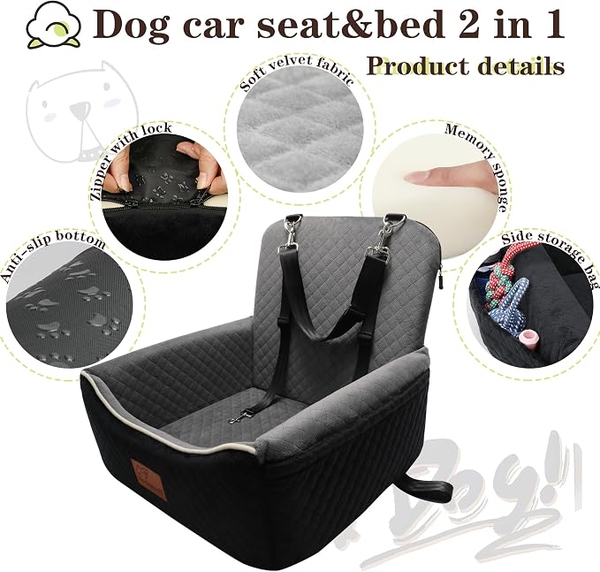 Dog Car Seat Bed 2 in 1 for Small/Medium Dogs up to 35 lbs,Adjustable Safety Leashes,Memory Foam with Soft Fabric Pets Travel Car Bed,Easily Installed in Front and Back seat,Removable and Washable. - Image 4
