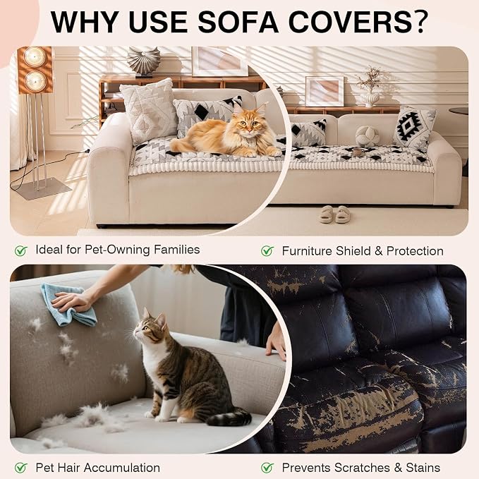 STACYPIK Boho Geometric Black Couch Cover for Dogs, Soft Plush Retro Sofa Cover for 3 Cushion Couch Washable, Non-slip Pet Sofa Protector for Couches, Thickened Sectional Loverseat Bed Mat-27.6X70.9IN - Image 3