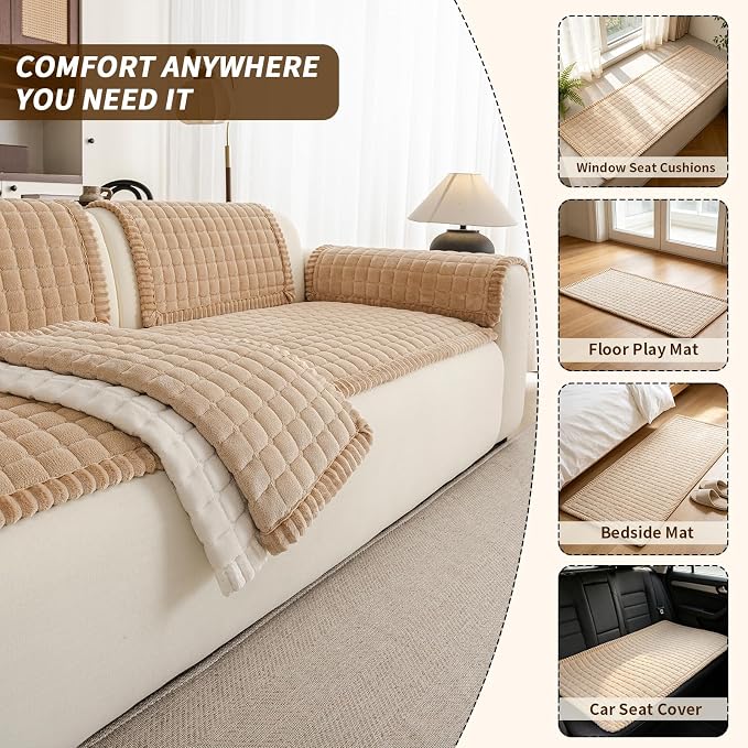 Couch Covers for Sofa Washable, Non Slip Couch Covers for Dogs, Soft Plush Pet Friendly Dog Couch Cover, Plaid Couch Protector for Dogs, Pet Couch Cover for LoveSeat(Light Brown,28"×59",1PC) - Image 3