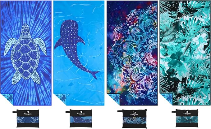 Yongoes 4 Pack Microfiber Beach Towel Oversized 71x32 Colorful Print Bulk | Lightweight Thin,Sand Free,Super Absorbent Quick Dry Large Towels for Swim Pool Bath Travel Vacation Accessories Essentials by Yongoesbeachtowel