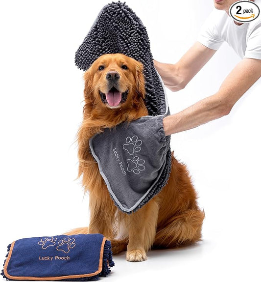 Lucky Pooch® Super Absorbent Shammy Dog Towel - Luxuriously Soft Hand Pockets – 34.5x12.5 – Quick Drying Microfiber Dog Bath Towel – Durable Dog Towels for Drying Dogs (Pack of 2, French Navy/Gray) by LuckyPooch