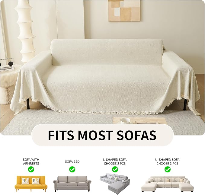 Deep Dream Beige Couch Cover, Soft Chenille Couch Covers for 3 Cushion Couch, Thick Sofa Slipcover Washable Sofa Cover Furniture Protector for Dogs, 71"x150" - Image 5