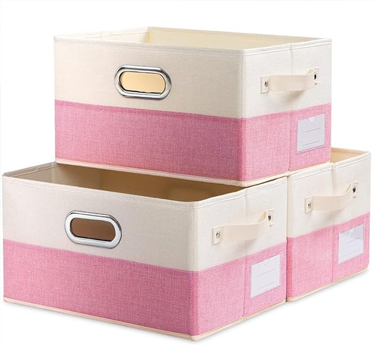 PRANDOM Large Collapsible Storage Baskets for Closet [3-pack] Decorative Fabric Storage Bins Cubes with Leather/Metal Handles for Shelves Bedroom Living Room Pink&Cream (14.9x9.8x8.3 Inch) by Prandom