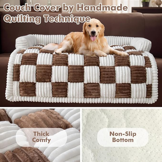 TOPCHANCES Dog Couch Cover,Thickened Quilted Plaid Funny Fuzzy Pet Couch Covers for Sofa,Washable Non Slip Pet Mat Sofa Dog Cover Protector for Large Dogs(Dark Brown,30x30inch) - Image 2
