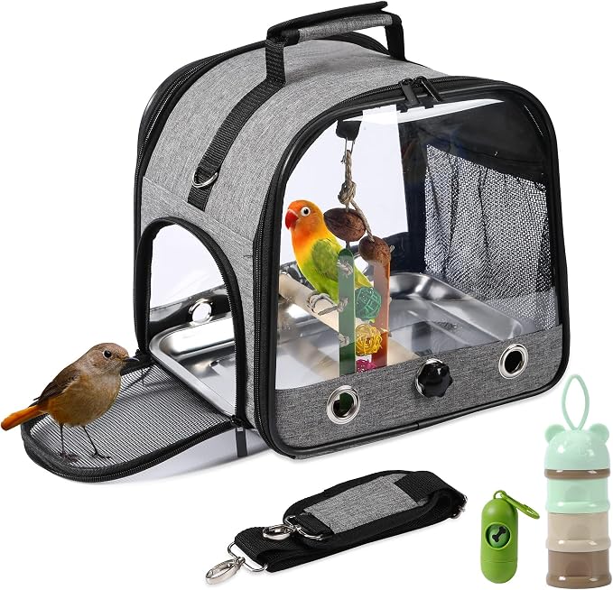 Small Bird Carrier Bag with Stand, Lightweight Backpack for Parrot, Portable Cockatiel Travel Cage with Bird Toy, Pet Transparent Breathable Carrier, Gray by Suertree