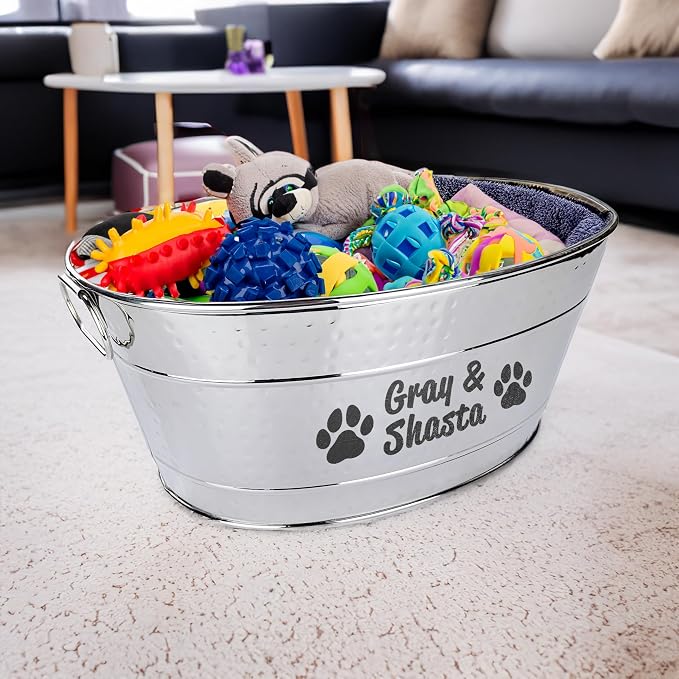 BREKX Personalized Metal Dog Toy Bin - Copper Galvanized Storage Bin with Handles, Basket for Pet Toys, Dog Toy Box, Pet Storage - Custom Dog Name Gift (Medium - Silver) - Image 3