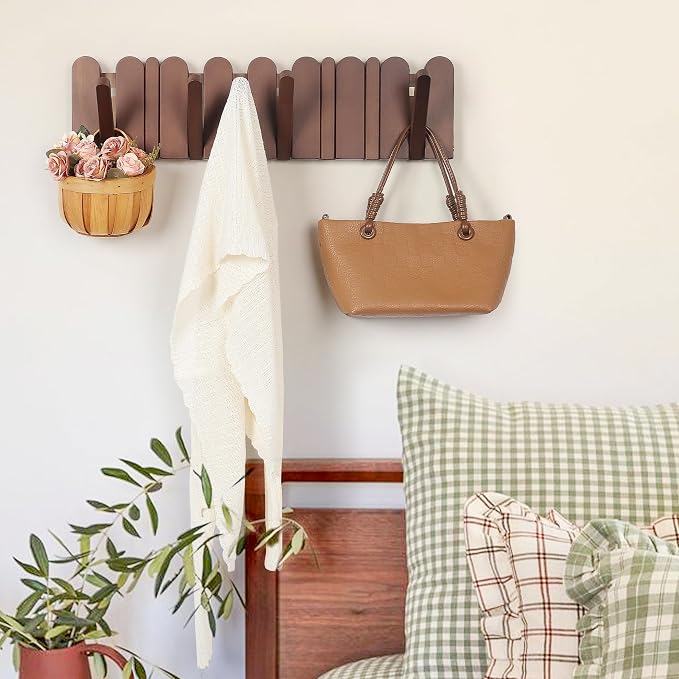 Wall Coat Rack for Entryway: Folding Wood Modern Heavy Duty 8 Hooks | 21.6'' Wall Mounted for Mid Century Home Decor Bathroom Bedroom Hallway for Hanging Towel Jacket Backpack Bag - Image 8