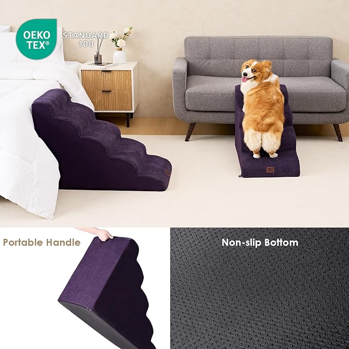 EHEYCIGA Curved Dog Stairs Ramp for High Beds 19.7" H, 4-Step Dog Steps for Small Dogs and Cats, Pet Stairs for High Bed Climbing, Non-Slip Balanced Pet Step Indoor, Purple - Image 5