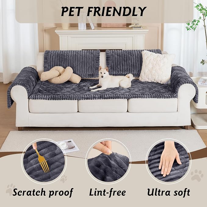 PuTian 100% Waterproof Fuzzy Couch Cover for Dogs Dark Grey 27.6"x82.7" | Pet Friendly Dog Mat for Couch, Waterproof Sofa Protector, Scratch Resistant Furniture Cover for Dogs, Machine Washable - Image 2