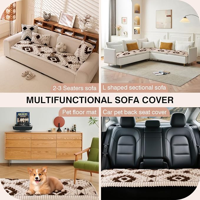 STACYPIK Thickened Non Slip Geometric Coffee Sofa Cover, Arm Headrest Cover Washable, Plush Warm Dogs Couch Slipcovers Protector, Boho Pet Friendly Love Seats Cover Multi-Use Bed Mat-27.6X27.6IN - Image 8