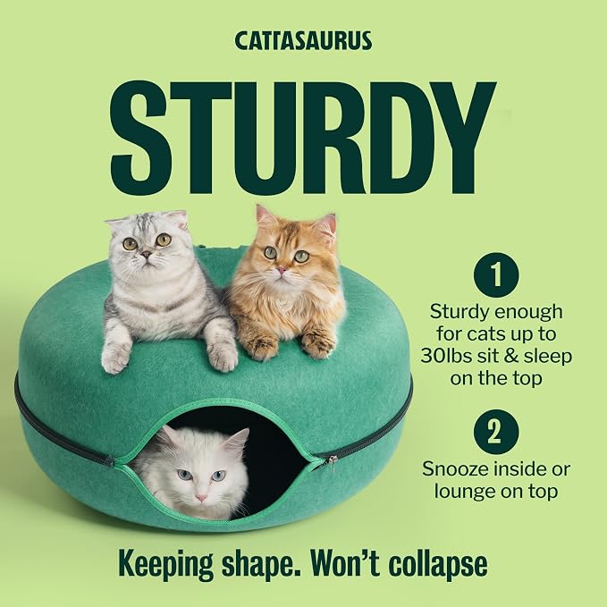 Cattasaurus Peekaboo Cat Cave Donut for Multiple & Large Cats up to 30-45 lbs, 3-in-1 Self Warming Cat Bed, Tunnel & Scratcher for Indoor Cats, Washable & Detachable Dog Bed (Forest Green, Large) - Image 4